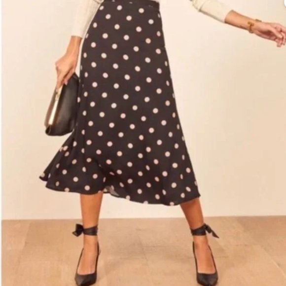 Black Cream Polka Dots Midi A-Line Skirt - Picture 1 of 6